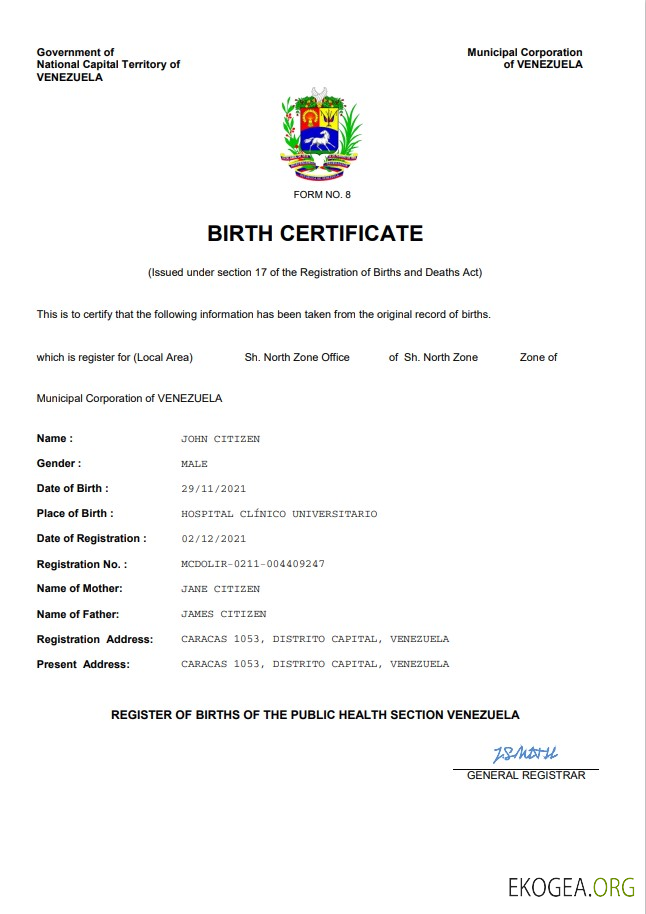 Modèle Word et PDF d'acte de naissance d'acte d'état civil du Venezuela